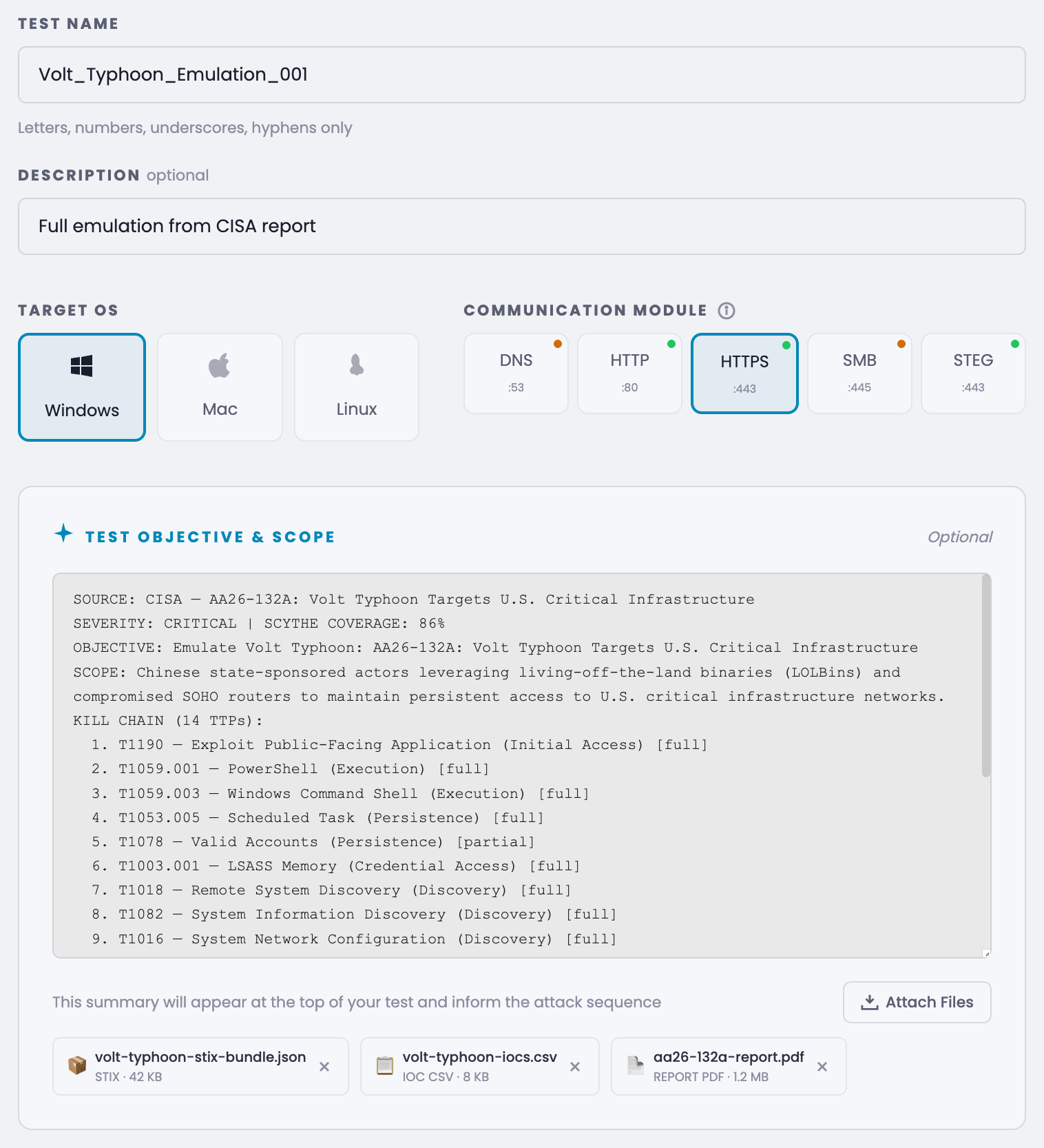 SCYTHE test builder: a full Volt Typhoon emulation generated from a CISA advisory, with STIX, IOC, and PDF intel attached